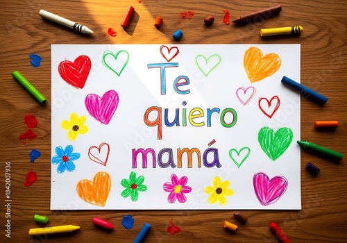 Child’s Crayon Drawing “Te quiero mamá” — Mother’s Day Craft — Wide Creative Workspace View
