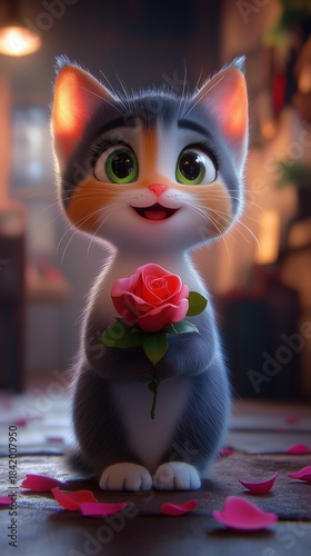 Calico Kitten Holding Red Rose with Falling Petals in Warm Indoor Light, Charming Whimsical Art
