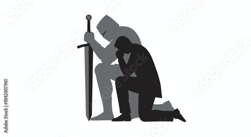 Kneeling Businessman Praying with Inner Knight Warrior Holding Sword Silhouette Vector.