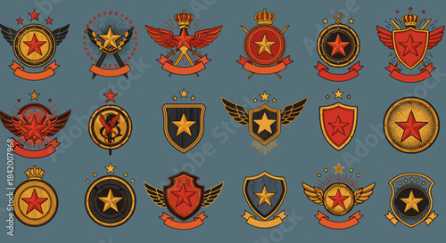 A diverse collection of vintage heraldic badges and military-inspired emblems, featuring stars, wings, and shields, perfect for graphic design projects.