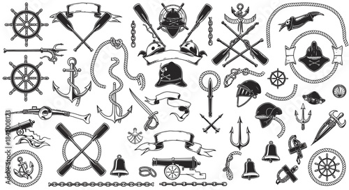Vintage Nautical and Medieval Emblems Set: Diverse Historical & Marine Icons, Weapons, and Decorative Elements Collection