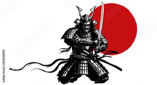Majestic Samurai Warrior with Katana Against Japanese Rising Sun Flag Background Vector Illustration