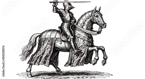 Medieval Knight on Horseback Engraving: Armored Warrior with Sword in Historical Art Style