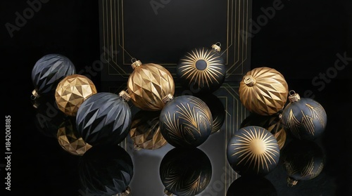 Elegant black and gold Christmas ornaments on reflective surface
