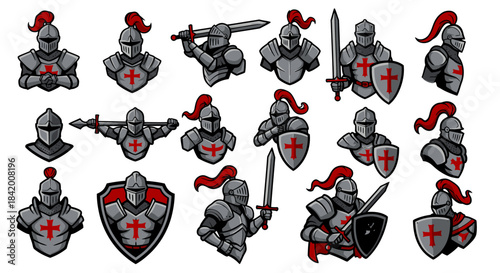 Cartoon Medieval Knight Character & Emblem Set: Armored Warriors with Swords, Shields & Red Cross Vector