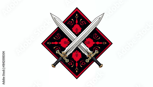 Crossed Medieval Swords Emblem with Ornate Red and Black Decorative Background Vector Illustration
