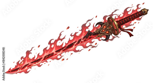 Fiery Demon Sword: Ancient Blade Engulfed in Red Flames with Ornate Hilt