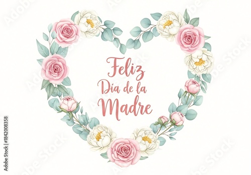 Watercolor Floral Heart Wreath — Feliz Día de la Madre — Wide Greeting Layout
