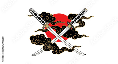 Crossed Katana Swords with Japanese Sun and Clouds