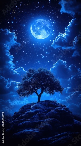 Tree on Rocky Hill Under Blue Full Moon and Starry Sky