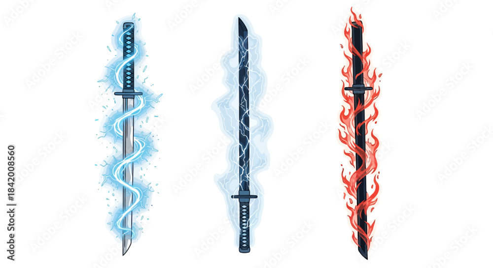 Fototapeta premium Set of Three Magical Katanas: Elemental Swords with Lightning, Energy, and Fire Effects Vector Illustration