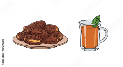 A delightful combination of sweet, natural dates served on a plate alongside a refreshing glass of hot tea, garnished with a fresh mint leaf, offering a perfect healthy snack or a soothing beverage