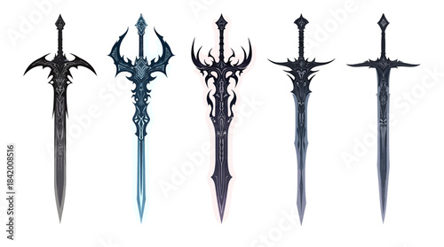 Set of Five Dark Fantasy Swords: Ornate Blades with Intricate Hilts and Magical Glow Effects Vector Illustration