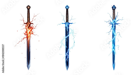 Set of Three Elemental Fantasy Swords: Magical Blades with Fire, Lava, and Lightning Effects Vector Illustration