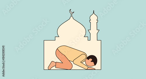 Muslim man praying in front of a mosque during Islamic religious holidays and festivals