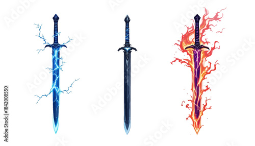 Set of Three Elemental Fantasy Swords: Magical Blades with Lightning, Dark, and Fire Effects Vector Illustration