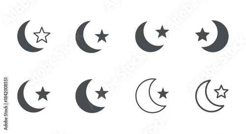 Collection of minimalist crescent moon and star vector icons showcasing various graphic styles for celestial design elements and night sky symbols
