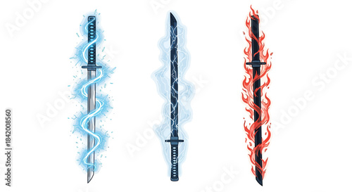 Set of Three Magical Katanas: Elemental Swords with Lightning, Energy, and Fire Effects Vector Illustration