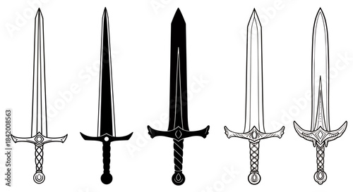 Diverse Set of Medieval & Fantasy Swords: Outline and Silhouette Blade Designs Vector Illustration Collection