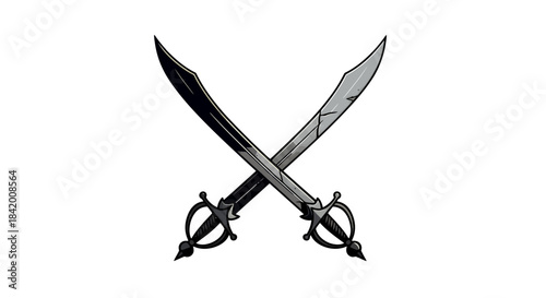 Crossed Cutlass Swords Emblem: Pirate or Fantasy Weapon Design with Dark and Light Blades Vector Illustration