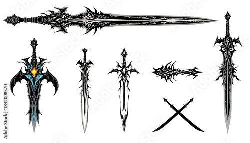 Extensive Set of Ornate Dark Fantasy Swords: Intricate Blades, Magical Elements, and Weapon Designs Vector Illustration