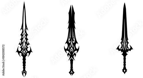 Three Ornate Dark Fantasy Sword Silhouettes: Intricate Warrior Weapon Vector Illustration Set