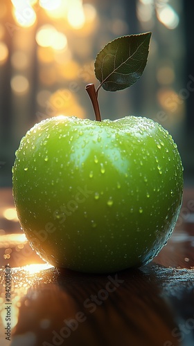 Green Apple with Water Droplets Under Sunset Light