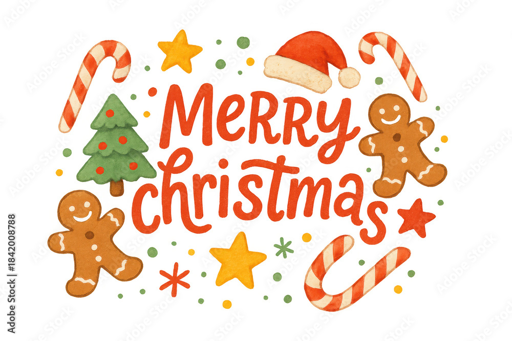 Naklejka premium Merry christmas lettering surrounded by gingerbread men, candy canes, santa hat, stars, and christmas tree, transparent background