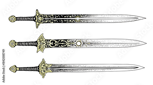 Three Ornate Fantasy Swords: Detailed Medieval Warrior Blades with Golden Hilt Accents Vector Illustration
