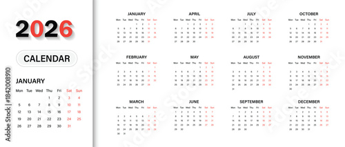 2026 calendar template clipart set. Week starts on Monday. Modern simple vector illustration.