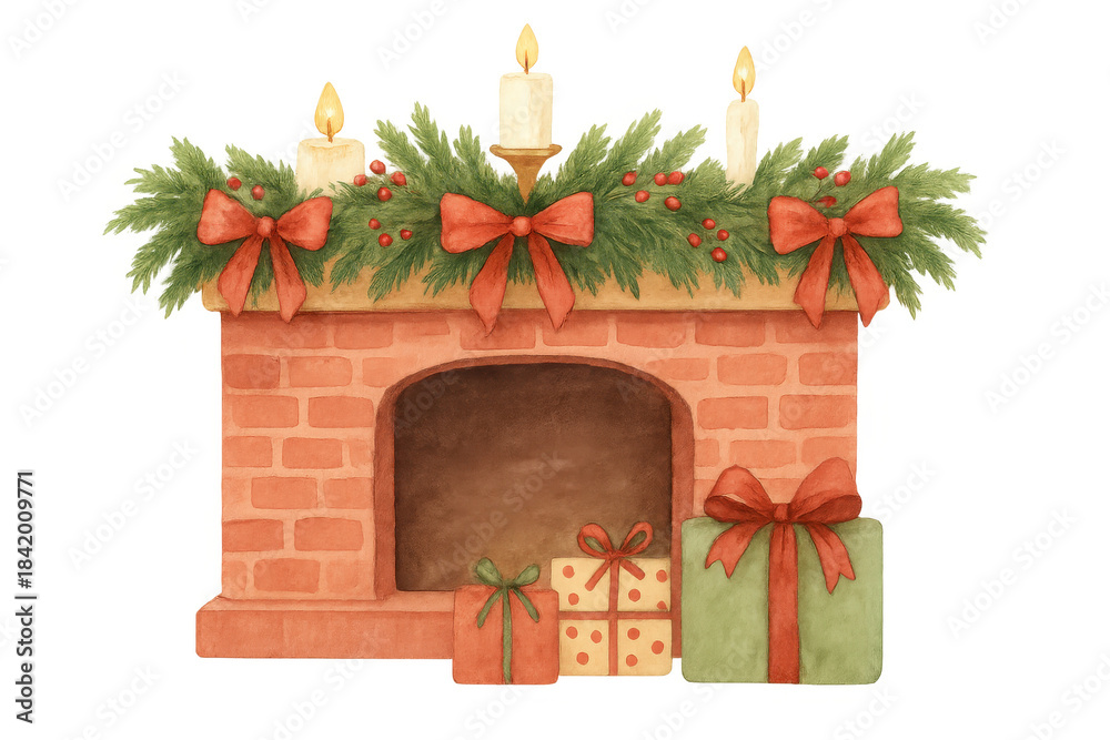 Obraz premium Christmas fireplace decorated with festive fir garland, burning candles, bows, and holiday presents arranged below, transparent background