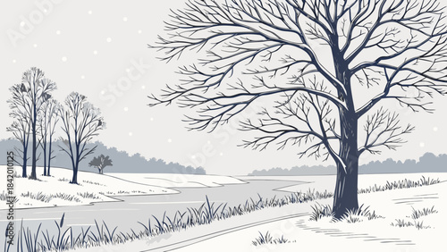 A winter landscape with bare trees and a snow covered field under a gray sky with falling snow scene