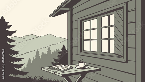 Cabin view with book and coffee on table overlooking mountains and forest landscape scene drawing