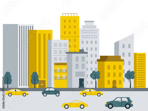 City street scene featuring several buildings and cars. Modern urban life vector illustration. Flat illustration concept.