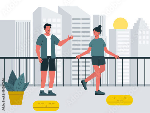 Couple people on a rooftop or balcony in a city setting. Modern urban life vector illustration. Flat illustration concept.