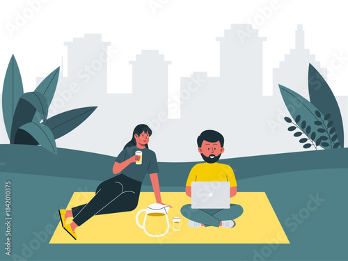 A man using a laptop and a woman holding a cup are sitting enjoying leisure time outdoors. Modern urban life vector illustration. Flat illustration concept.