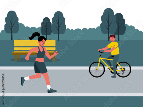 People engaging in recreational activities like jogging and cycling in a park setting. Modern urban life vector illustration. Flat illustration concept.