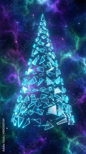 Futuristic glowing Christmas tree with neon lights in cosmic background