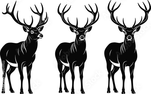Black and White Outline Drawing of a Majestic Elk or Deer Head with Large Antlers, Hand-Drawn Vector Illustration for Wildlife, Hunting, and Nature Concepts