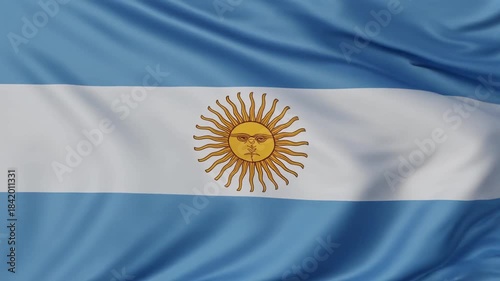 Realistic animation full frame macro of the Argentina national flag waving in the wind, mp4 video. AI