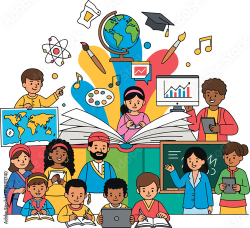 Global Education Cartoon Illustration with Diverse Students