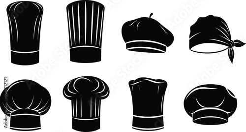 Black and white vector illustration of eight different chef hats and culinary headwear styles used in professional kitchen and cooking environments