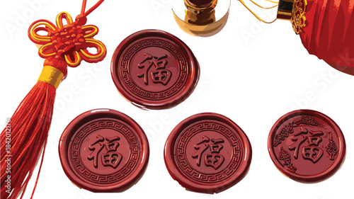 Chinese New Year vector illustration with fortune symbols, red seals, lantern, gold ingot, and decorative knot for festive celebration.
