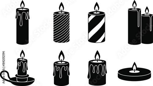 Set of eight stylized candle illustrations in black and white, featuring wax drips, holders, tealights, and decorative stripe designs.