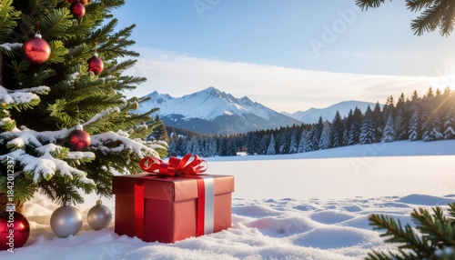 Christmas gift under a snow-covered tree in a winter mountain landscape.