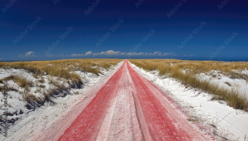 Fototapeta premium Red painted path leads through sandy dunes under a clear blue sky.