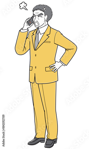 スマートフォンで電話しながら怒っているスーツの中年男性（シンプル）