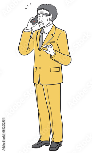 困った表情で電話しているスーツの中年男性（シンプル）