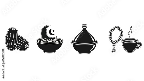 Islamic symbols and food icons in black and white for religious concepts