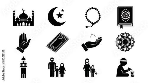 Islamic symbols and icons mosque crescent prayer rosary isolated illustrations
